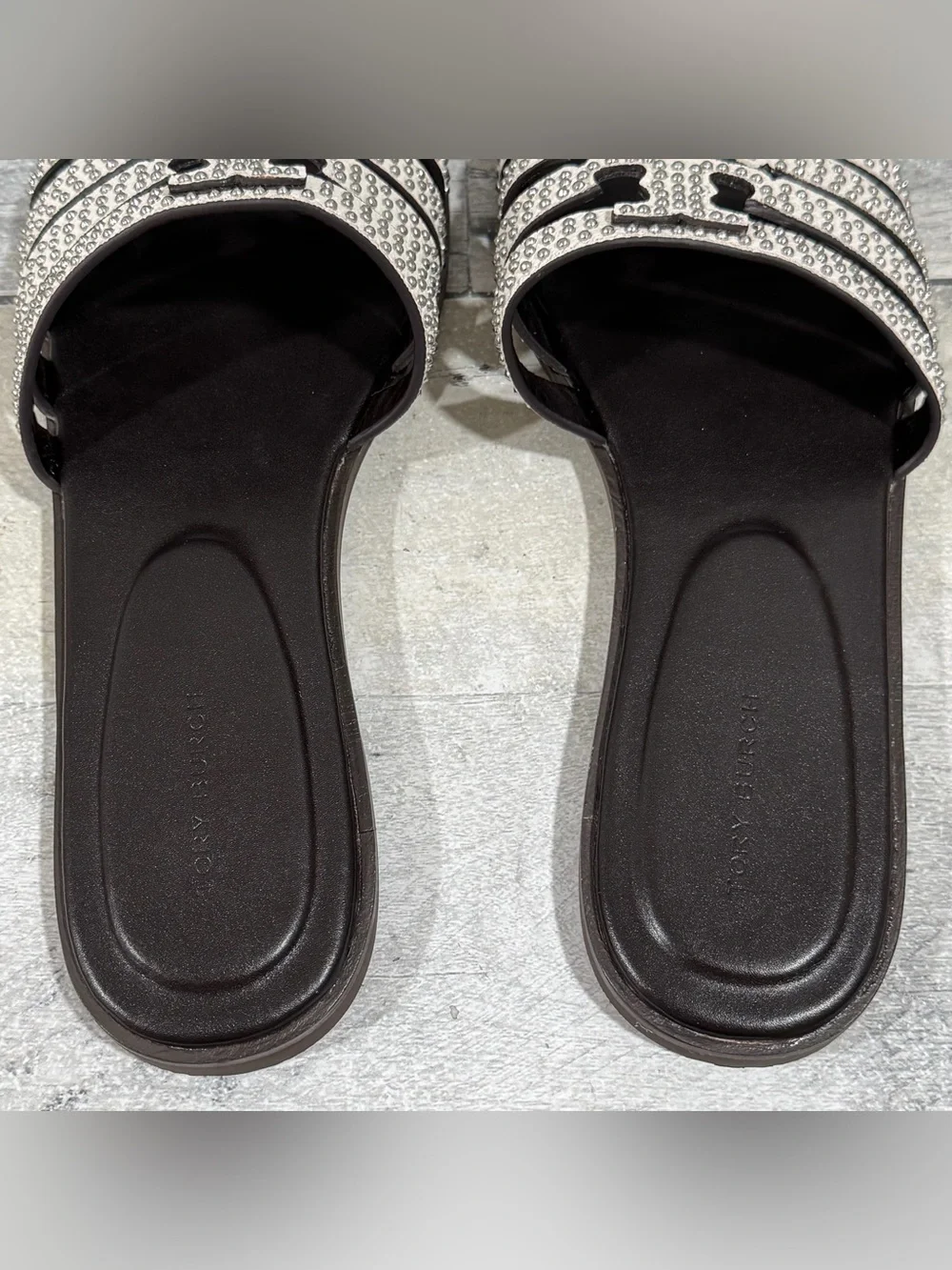 TORY BURCH Ines Leather Studded Slide Flat Sandal - White - Size - 8.US